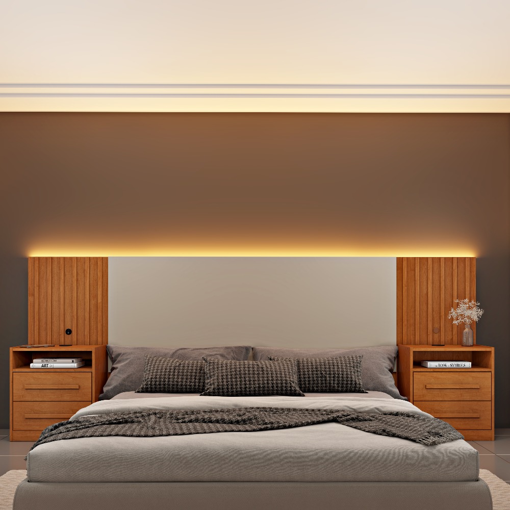 Dormitório Cabeceira box casal ripada com Led e Usb Barcelona